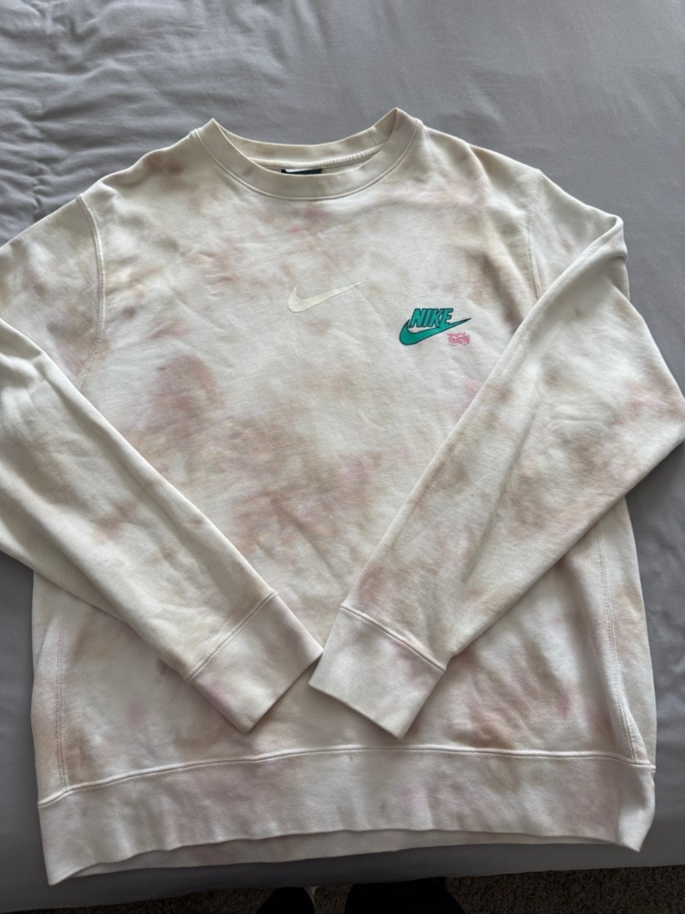 Nike White Crewneck Sweatshirt with Light Pink Tie-Dye and Teal Logo